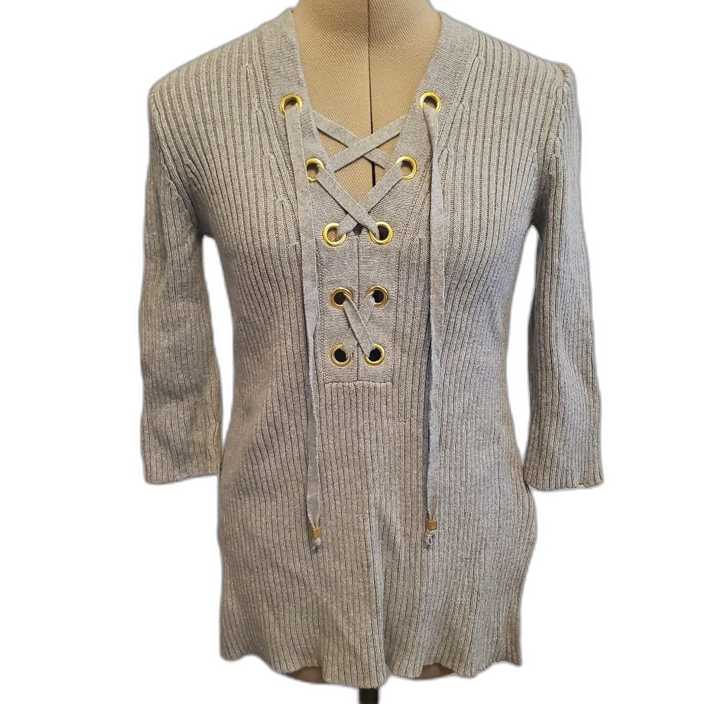 Michael Kors Sweater Women's Small Gray Gold Lace-Up Ribbed Tunic 3/4 Sleeve